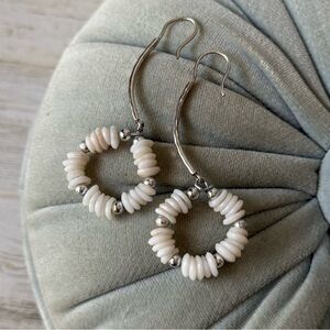 Vintage Creamy White Shell Bead Dangle Sterling Silver Hoop Pierced Earrings